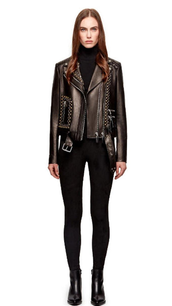 Maggo Leather Biker Jacket with Studs